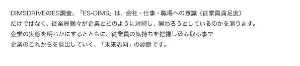 DIMSDRIVEのES調査、「ES-DIMS」は、会社・仕事・職場への意識（従業員満足度）だけではなく、従業員個々が企業とどのように対峙し、関わろうとしているのかを測ります。企業の実態を明らかにするとともに、従業員の気持ちを把握し汲み取る事で企業のこれからを見出していく、「未来志向」の診断です。